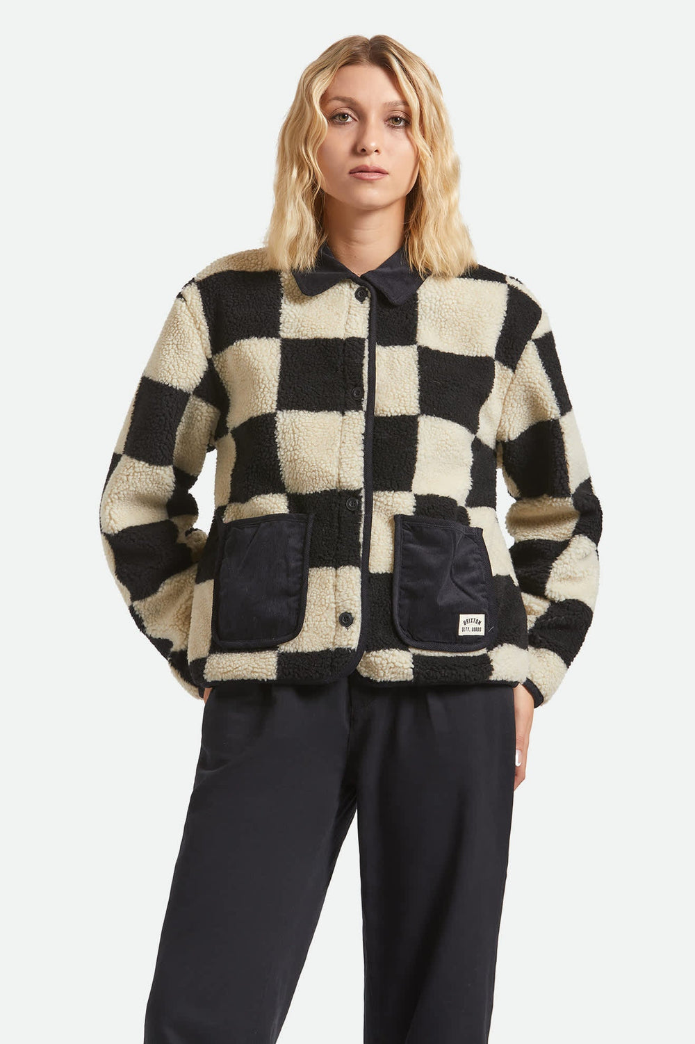 Women's Delilah Sherpa Jacket in Black/Natural Finish Line Checker