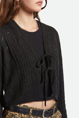 Women's Cropped Pointelle Tie Cardigan in Black