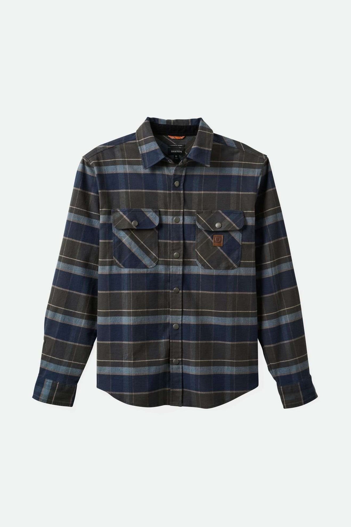 Brixton Men's Builders Bowery Stretch Water Resistant L/S Flannel in color Washed Navy/Black/Coronet Blue