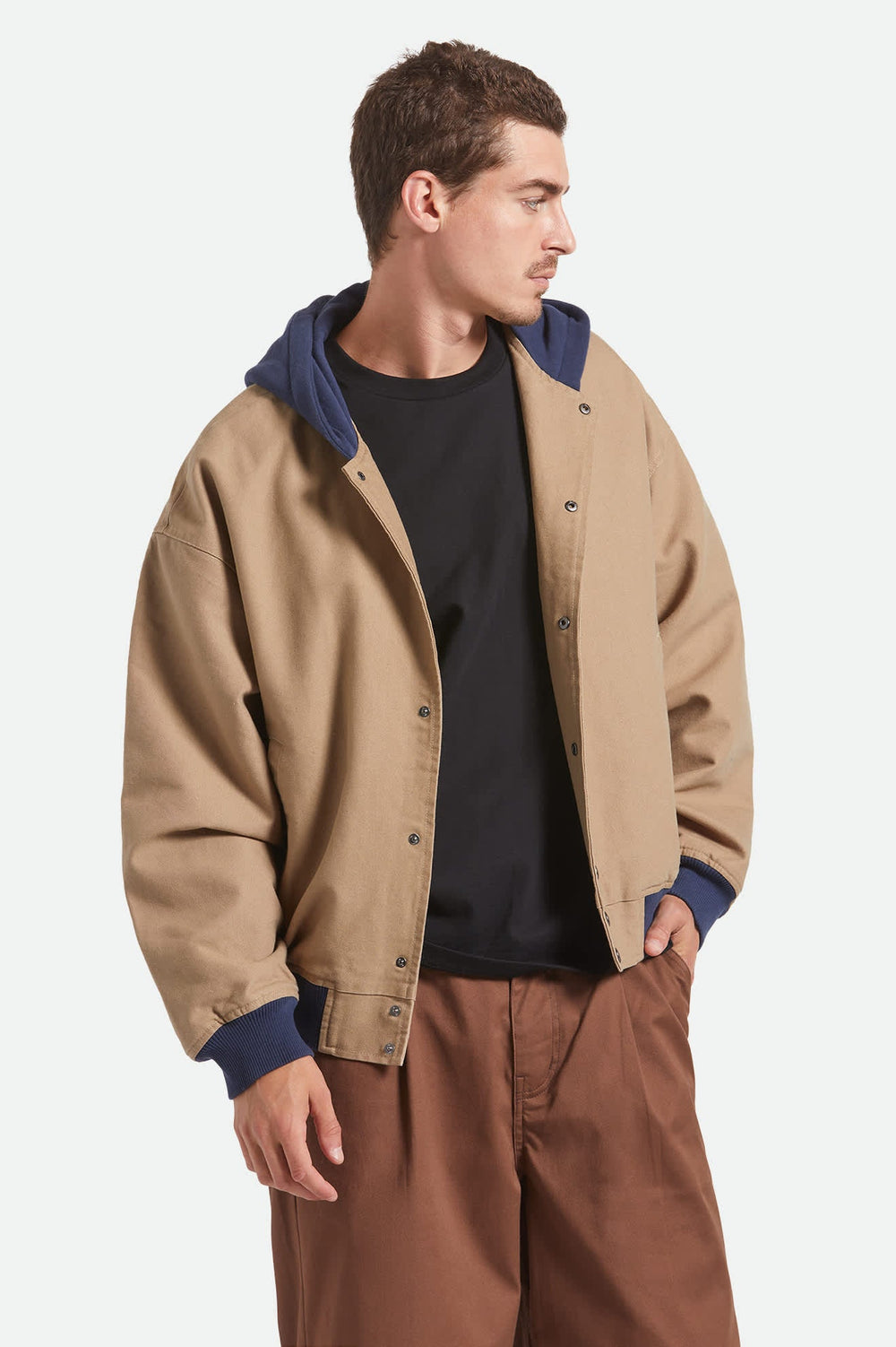 Men's Canvas Hooded Bomber Jacket in Khaki/Mood Indigo