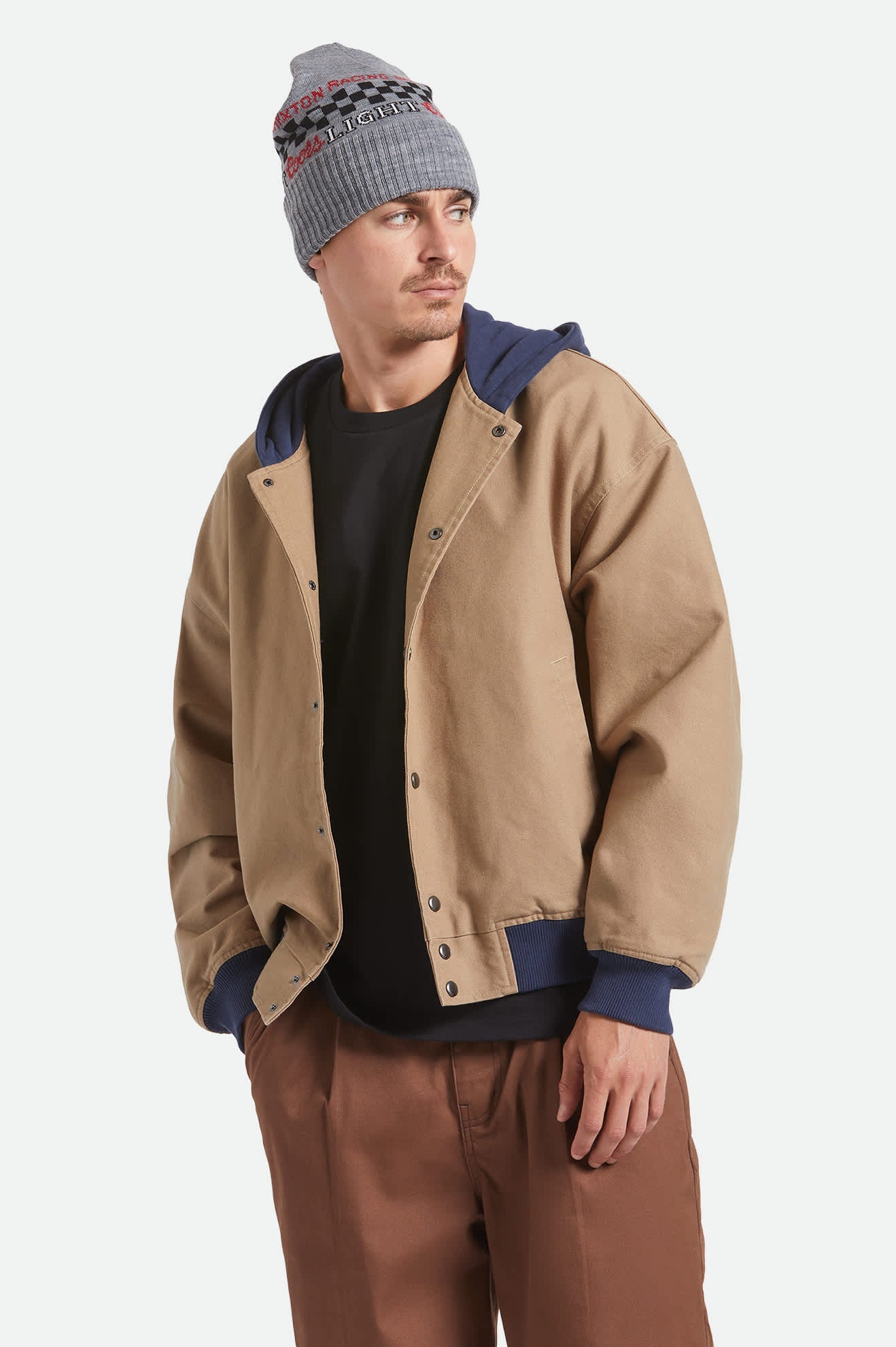 Men's Canvas Hooded Bomber Jacket in Khaki/Mood Indigo