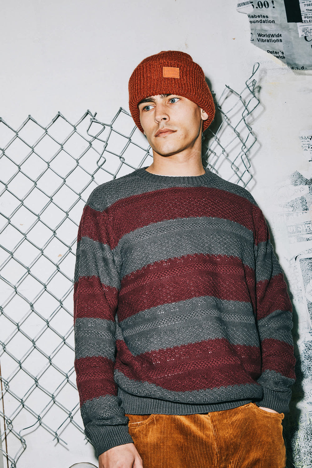 Men's Midnight Crew Sweater in Black/Port Stripe