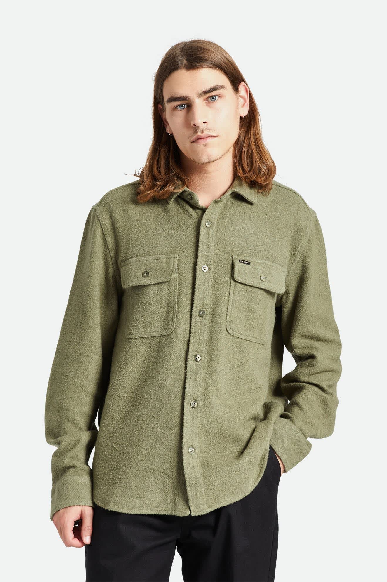 Men's Bowery Textured Loop Twill Long Sleeve Overshirt in Olive Surplus