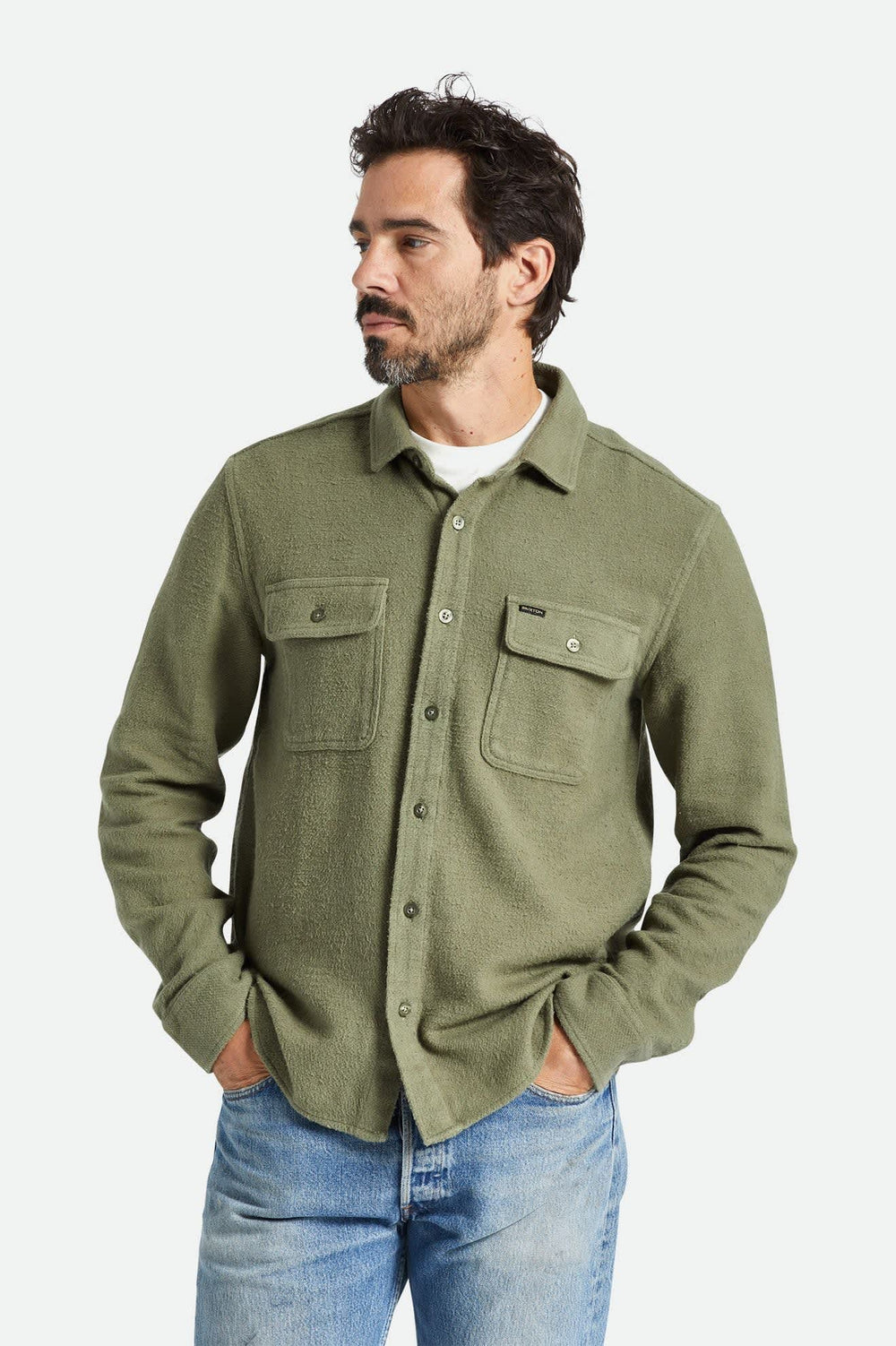 Men's Bowery Textured Loop Twill Long Sleeve Overshirt in Olive Surplus