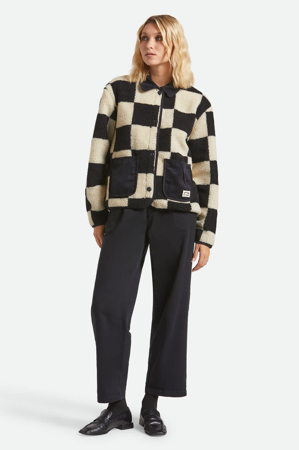 Women's Delilah Sherpa Jacket in Black/Natural Finish Line Checker