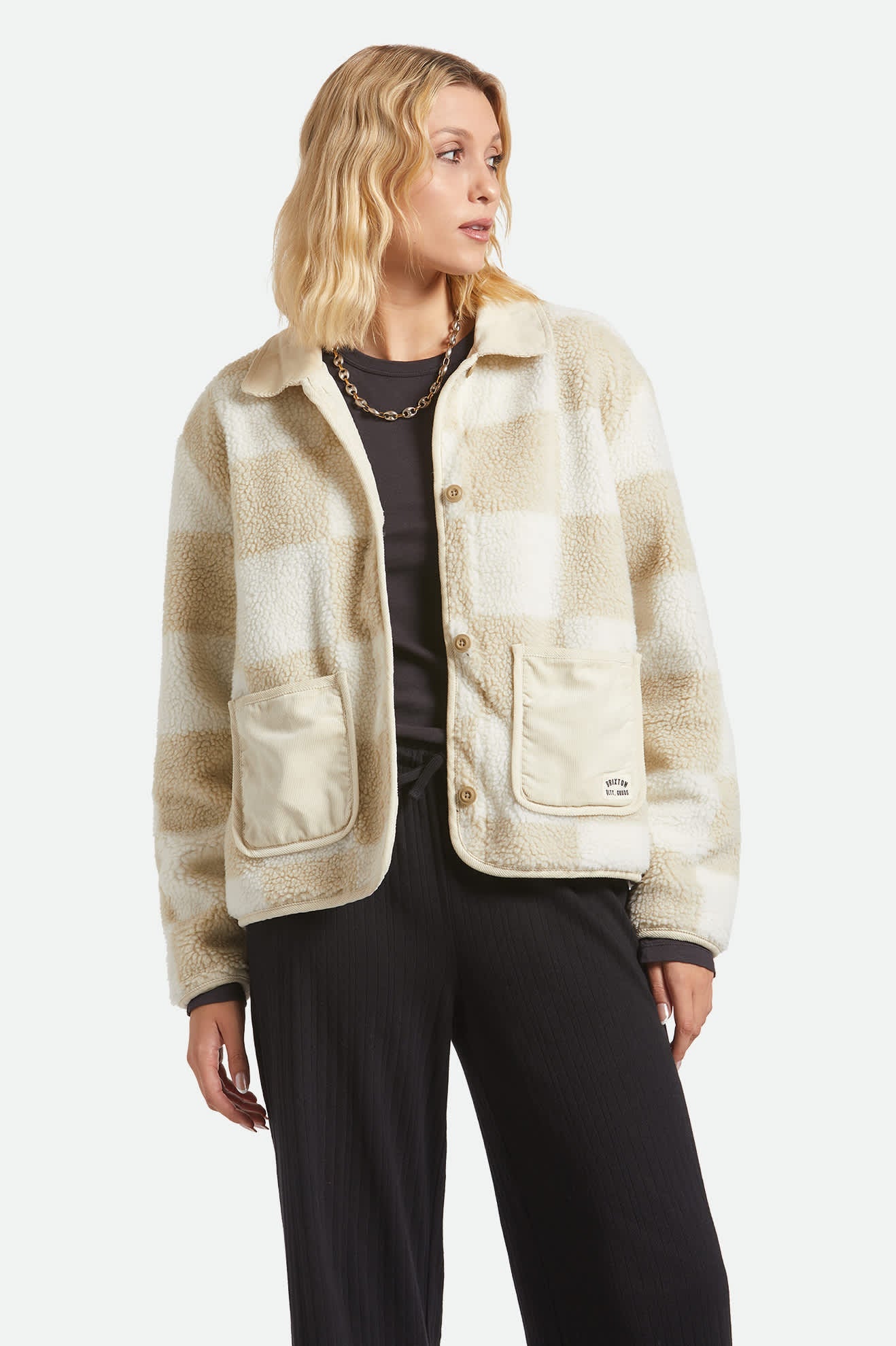 Women's Delilah Sherpa Jacket in White/Natural Finish Line Checker