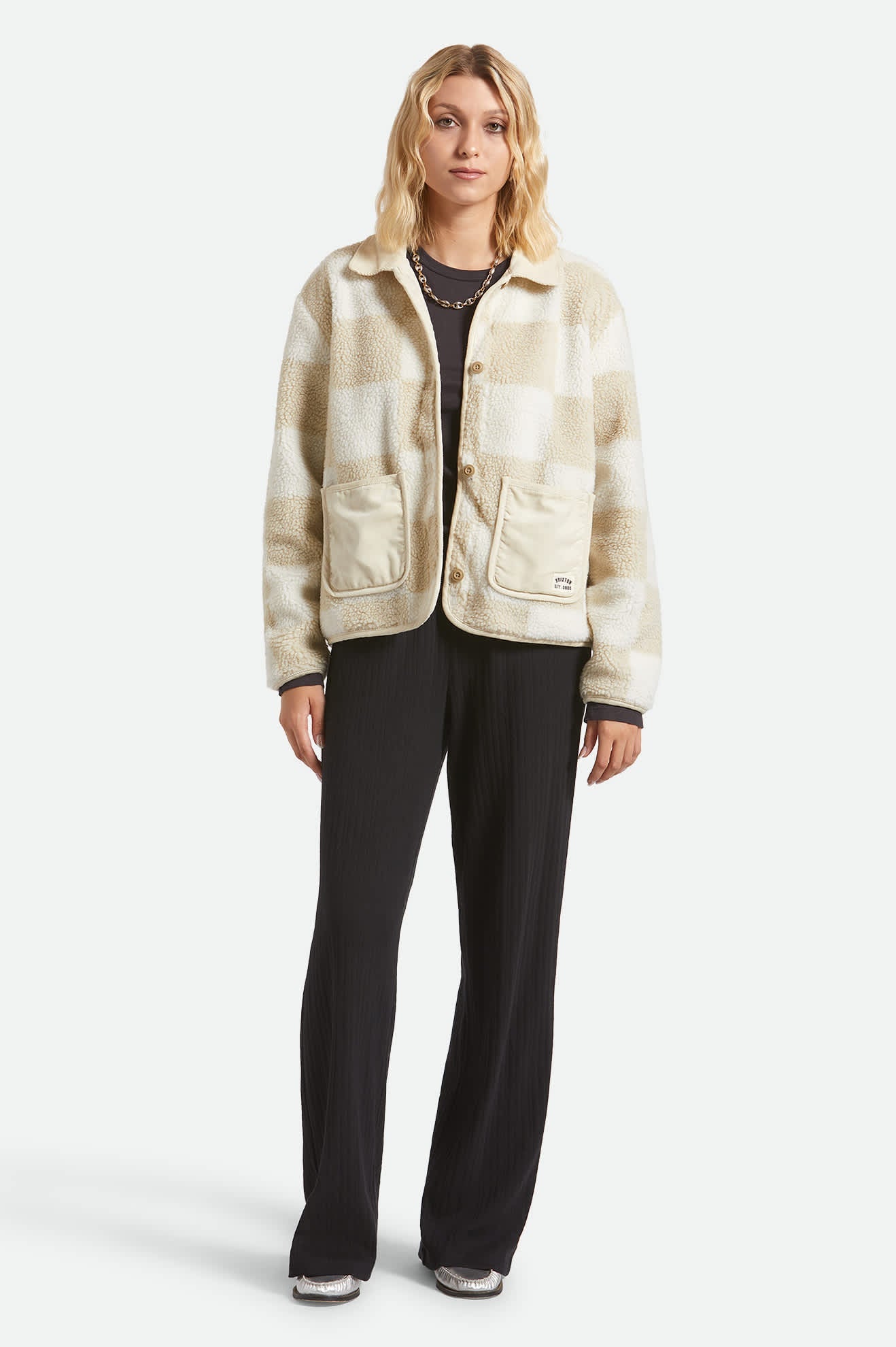 Women's Delilah Sherpa Jacket in White/Natural Finish Line Checker