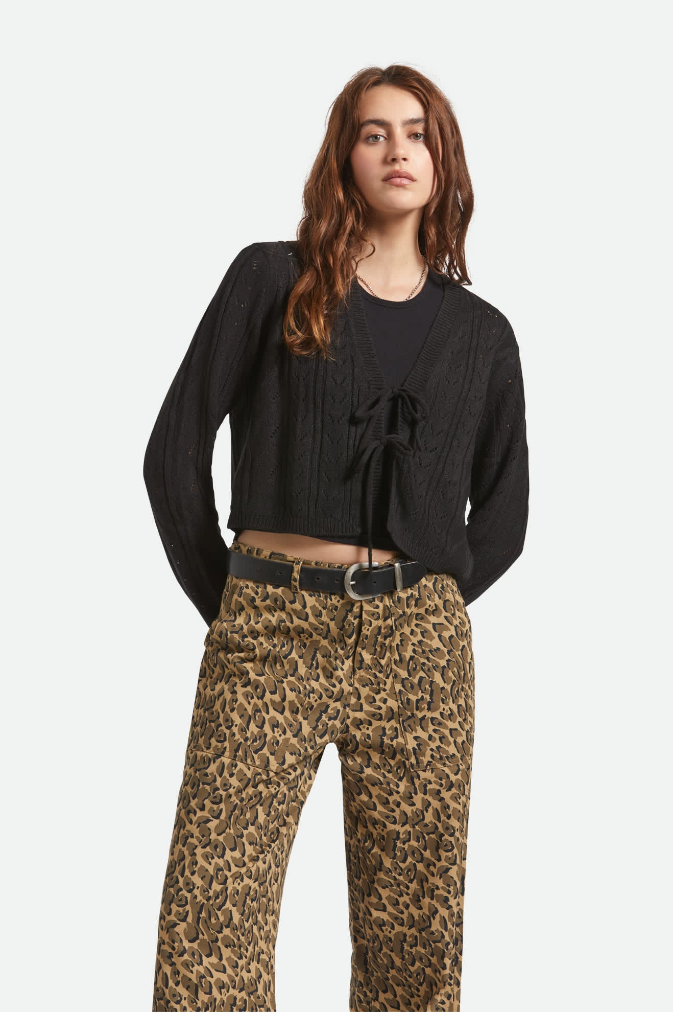 Women's Cropped Pointelle Tie Cardigan in Black