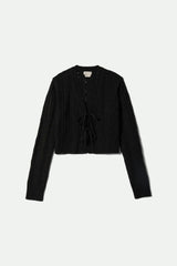 Women's Cropped Pointelle Tie Cardigan in Black