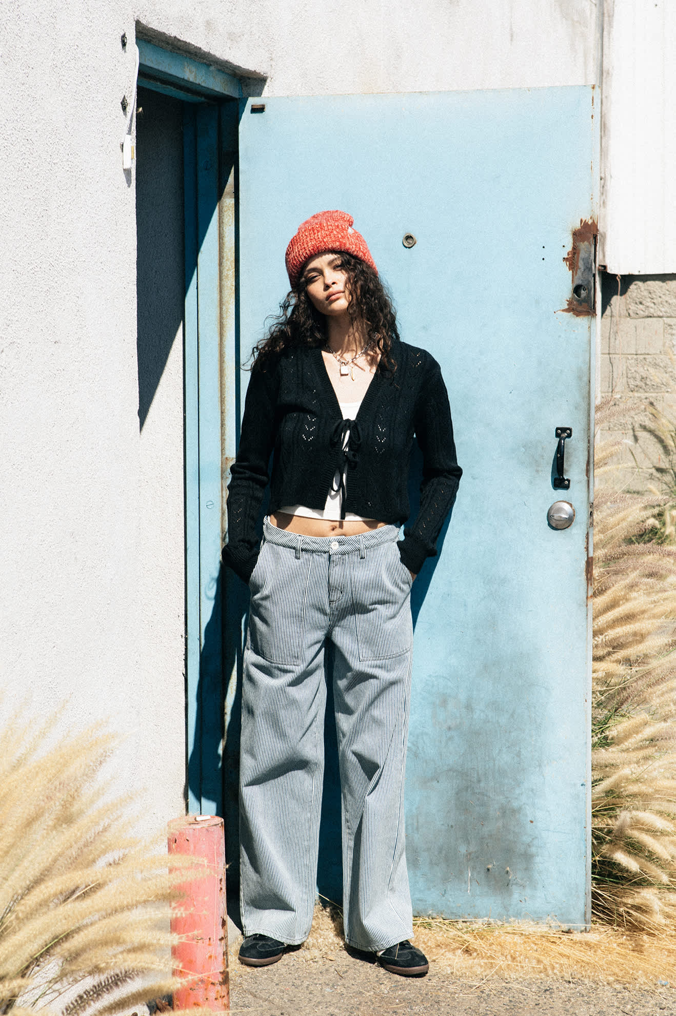 Women's Cropped Pointelle Tie Cardigan in Black