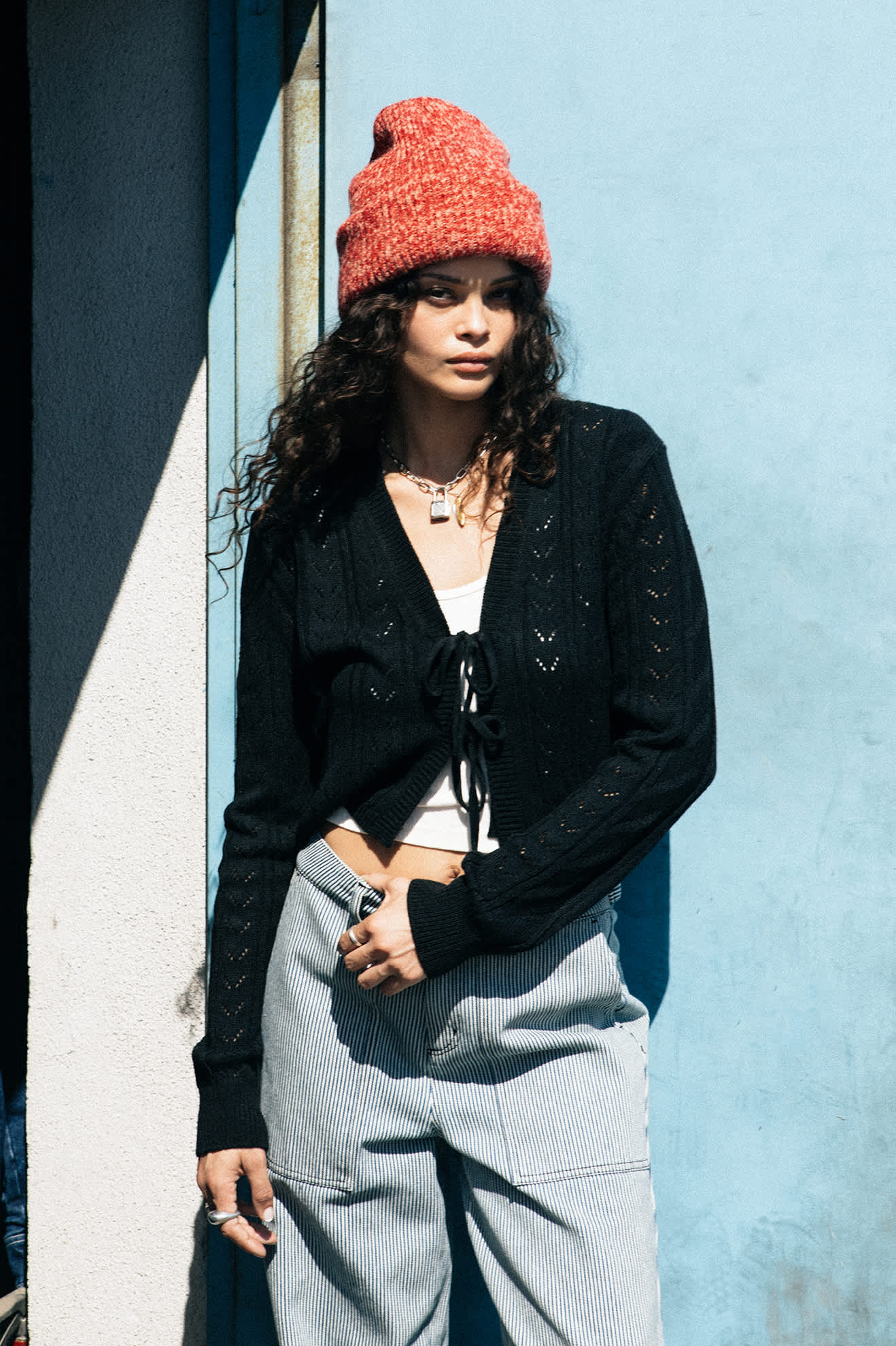 Women's Cropped Pointelle Tie Cardigan in Black