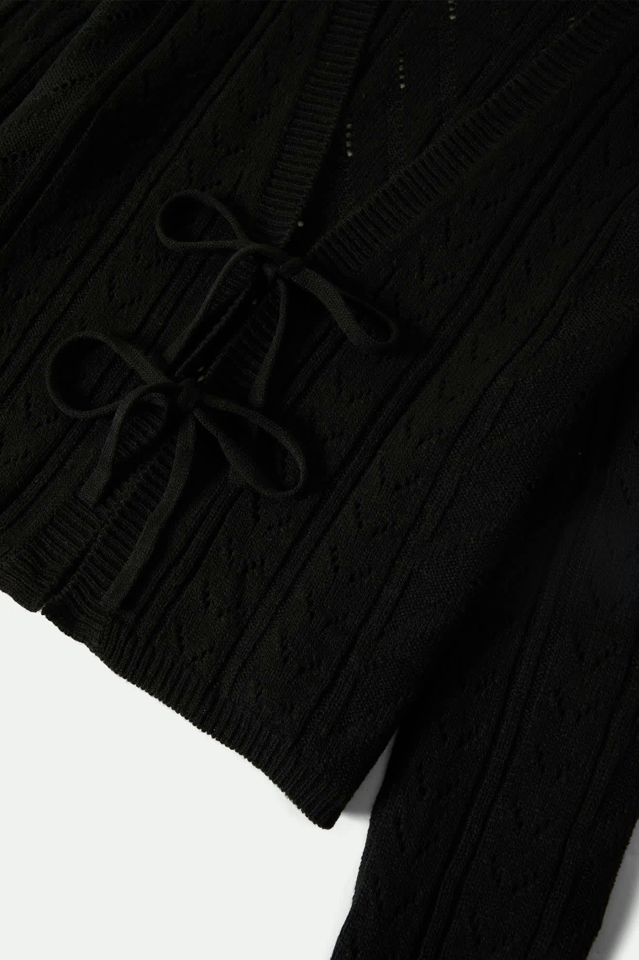 Women's Cropped Pointelle Tie Cardigan in Black