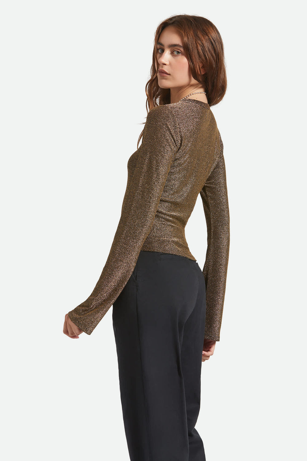 Women's Dolly Slim Long Sleeve Knit T-Shirt in Gold Metallic