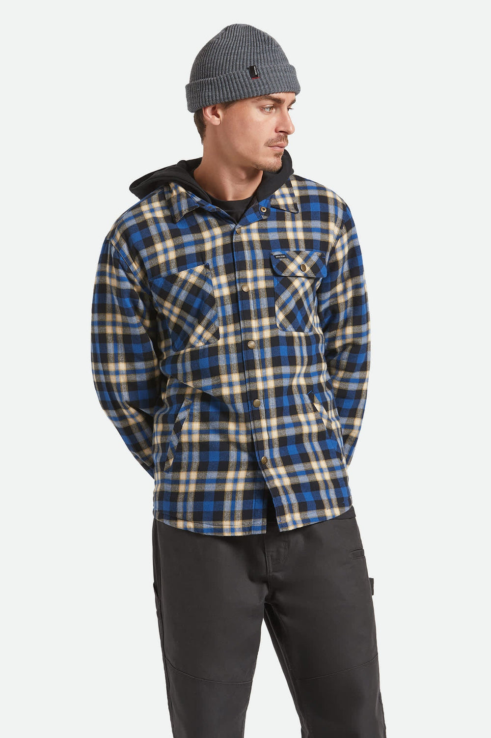 Men's Bowery Quilited Hooded Flannel in Navy/Cream